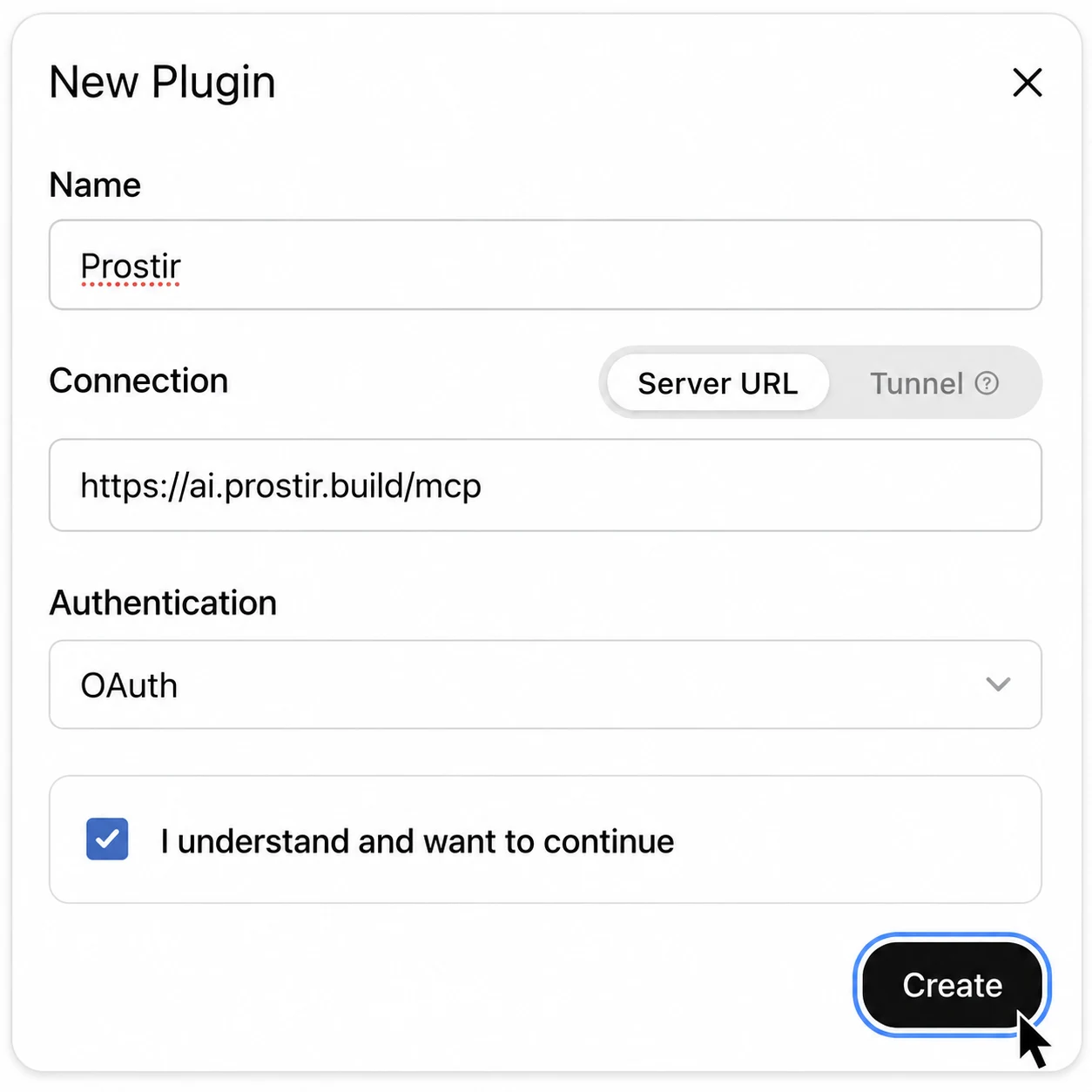 Name it TPS Agent, paste the connection link, tick the confirmation box, then press Create and sign in.