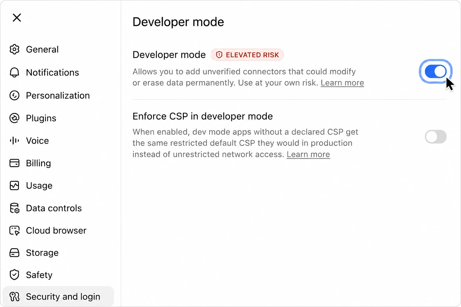 Turn Developer mode on — ChatGPT will not accept an outside tool without it.
