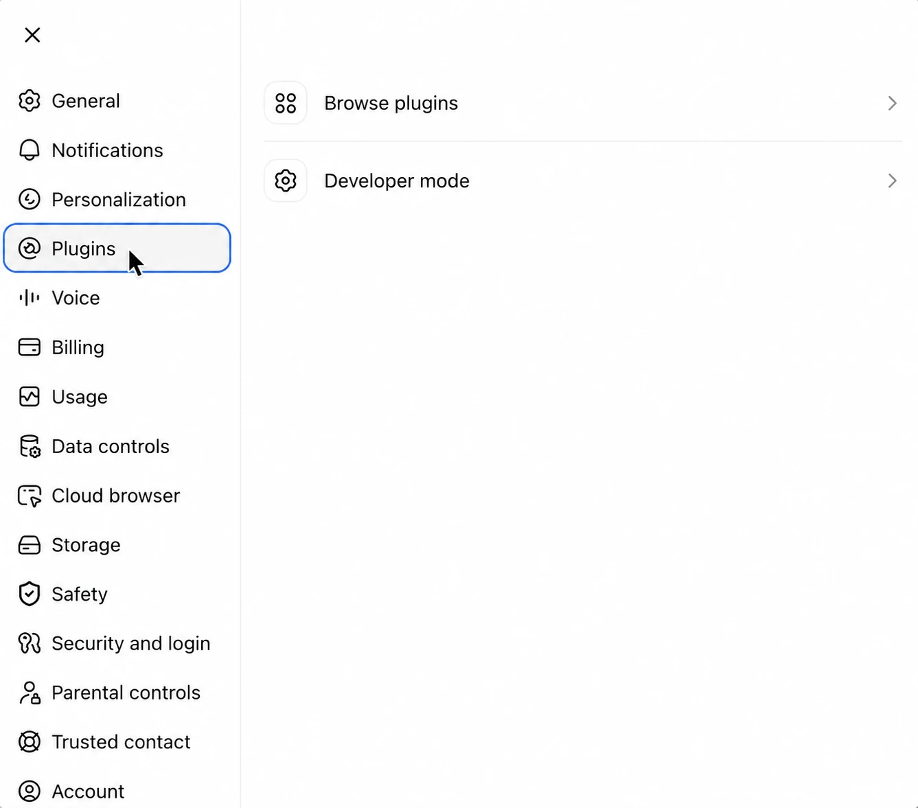 Open ChatGPT settings and go to Plugins. Developer mode is the last row in the list.
