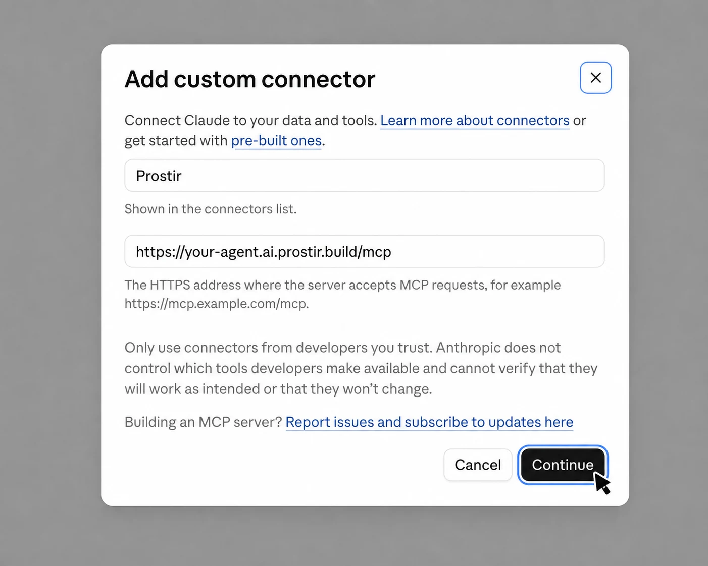 Name the connector TPS Agent, paste this connection link, and press Continue.